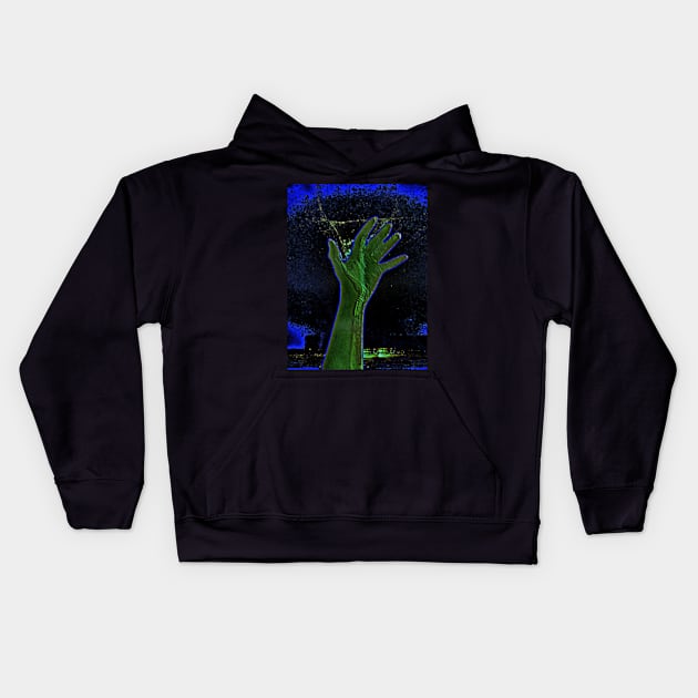 Digital collage and special processing. Hand reaching stars. Monster or great friend. Blue and green, very psychedelic. Kids Hoodie by 234TeeUser234